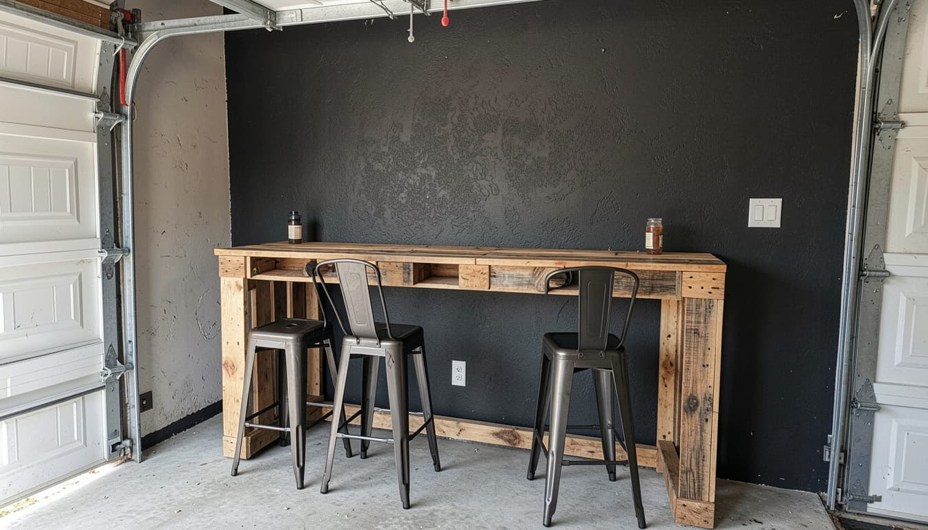 Garage bar setup with rustic wooden counter, black accent wall, stools, and industrial-style decor.