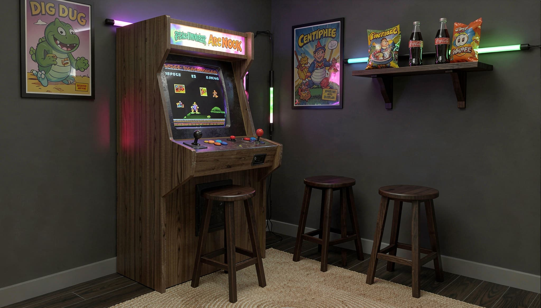 Retro gaming corner with arcade machine, neon lighting, bar stools, and vintage gaming wall art.
