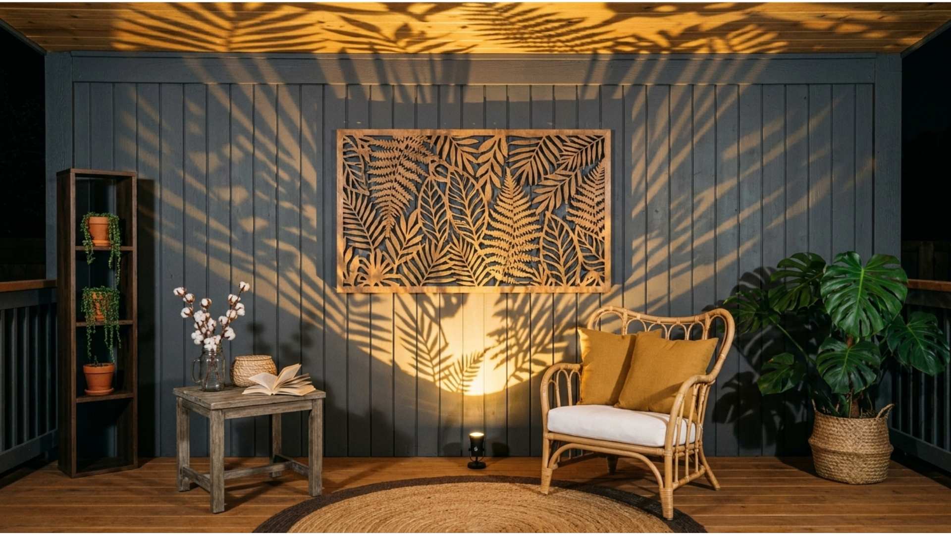 Botanical leaf shadow pattern projected across a charcoal deck wall at night from a single upward spotlight below a cut-out panel