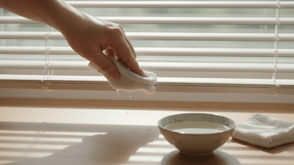 A hand with a soft sock dipping into a bowl of water and vinegar solution.