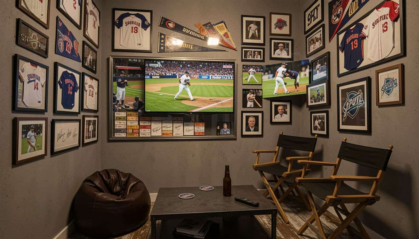 Sports-themed media room with framed jerseys, wall-mounted TV, theater seating, and cozy game-day atmosphere.