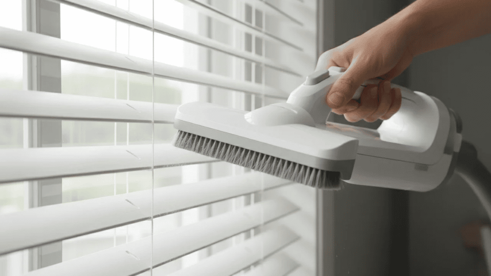 A vacuum cleaner soft brush attachment gently dusting blinds in white color.