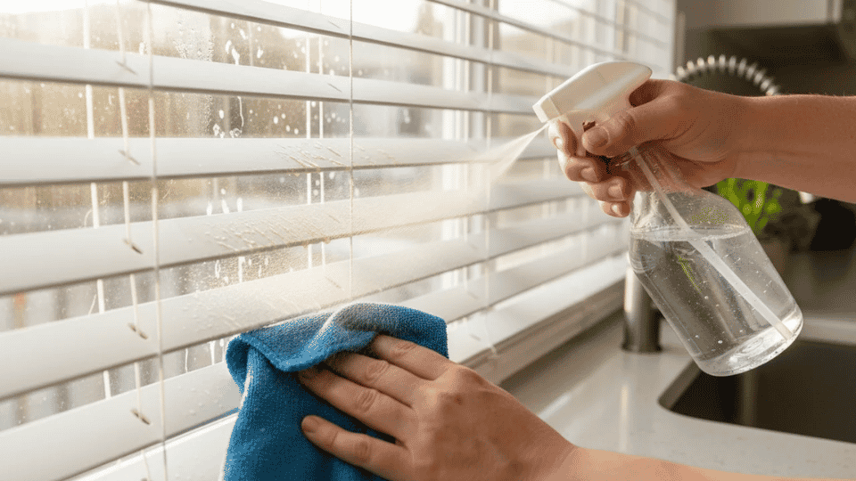 Hand spraying and wiping horizontal window blinds with cleaning solution and cloth during routine home cleaning.