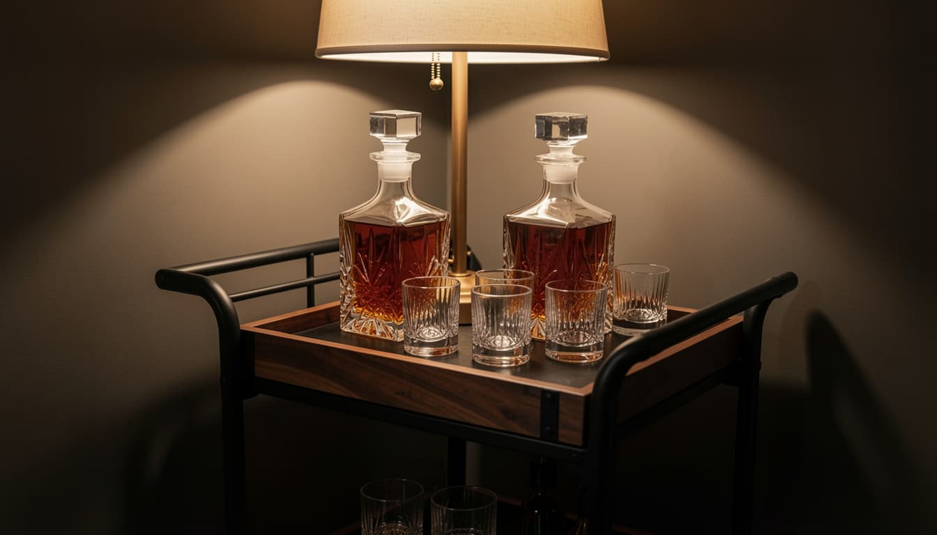 Elegant whiskey cart with crystal decanters, glasses, warm table lamp, and moody ambient lighting.