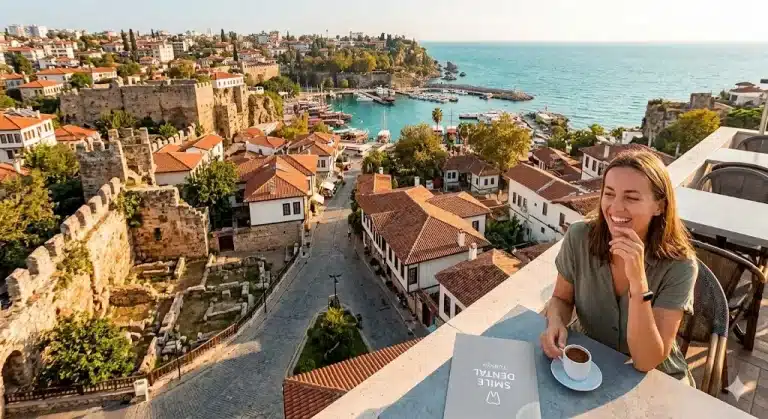 Woman enjoying coffee at rooftop cafe with coastal city and sea view in warm sunlight
