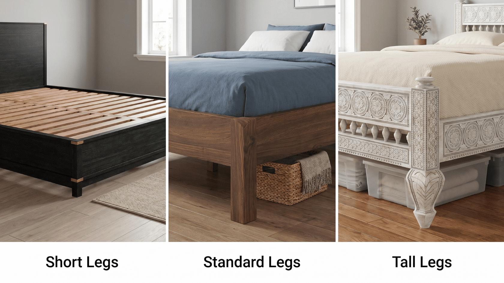 Three bed frames shown side by side with short legs, standard legs, and tall legs.