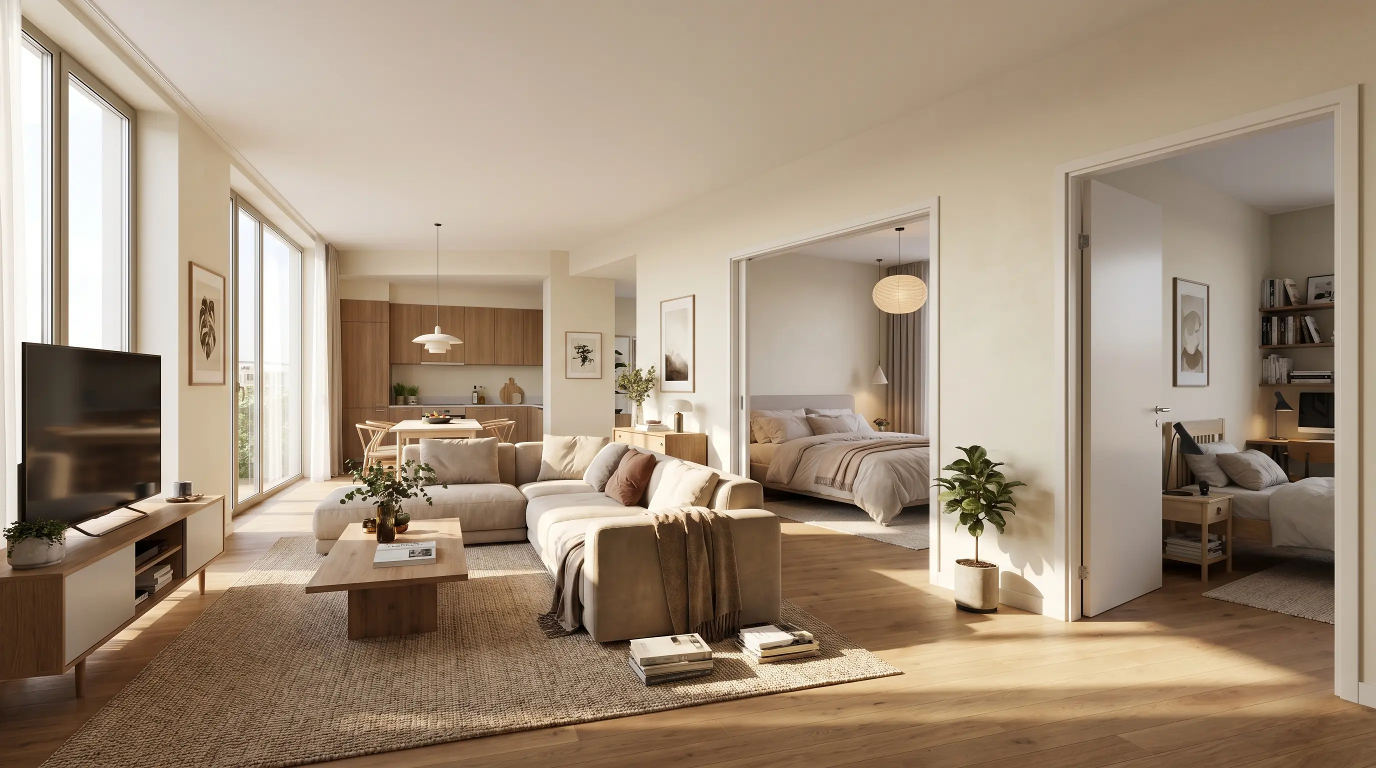 Modern three-bedroom apartment with a spacious living area and three visible bedrooms designed for family living in a balanced, realistic interior style.