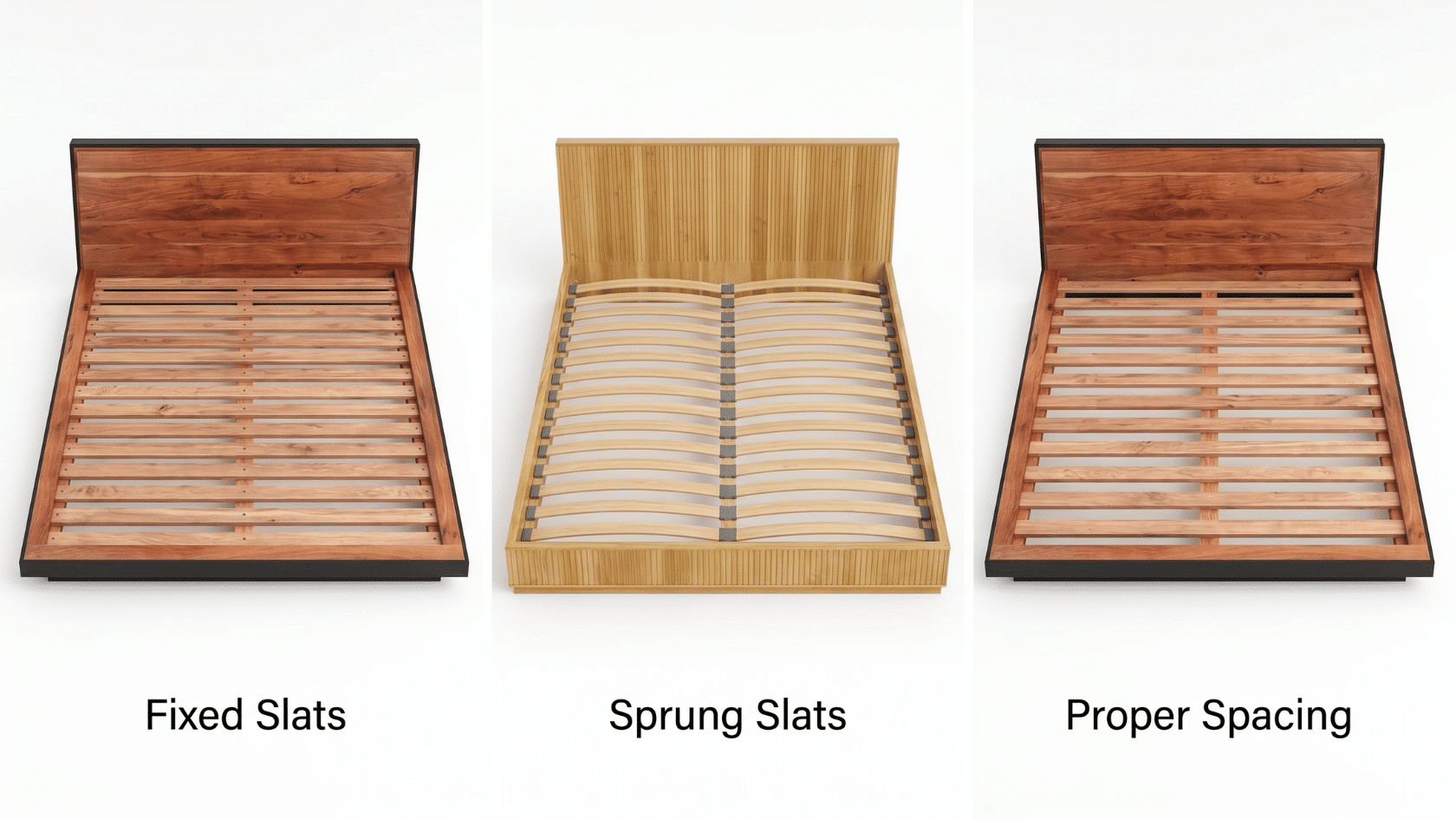 Three wooden bed frames with fixed slats, sprung slats, and proper slat spacing shown side by side.