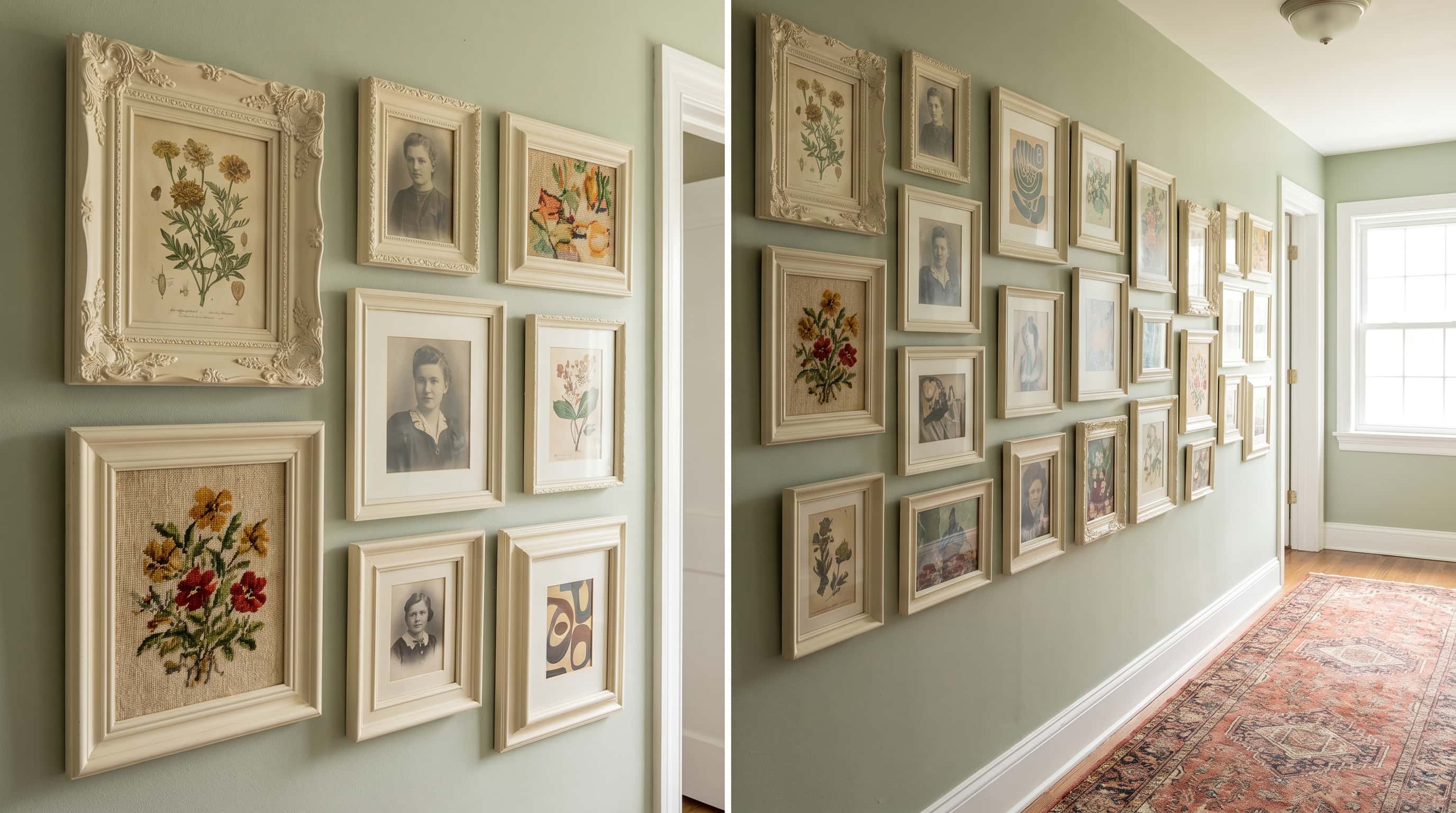 Vintage-inspired hallway decor ideas featuring a thrifted gallery wall with eclectic artwork, ornate frames, and a patterned runner.