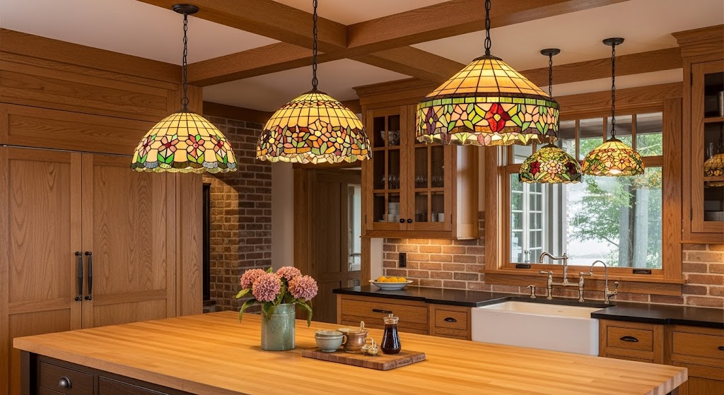 Craftsman kitchen with three stained-glass Tiffany-style pendant lights over a wood-top island.