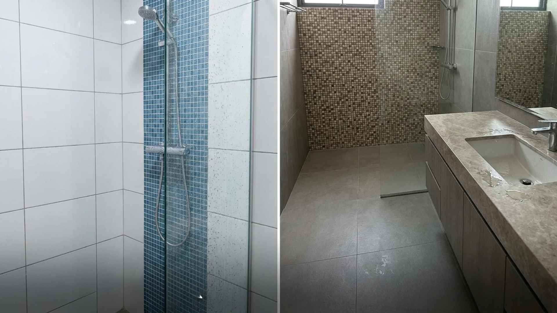 Clean, elegant porcelain tile flooring with light gray grout lines installed in a spacious, contemporary bathroom.