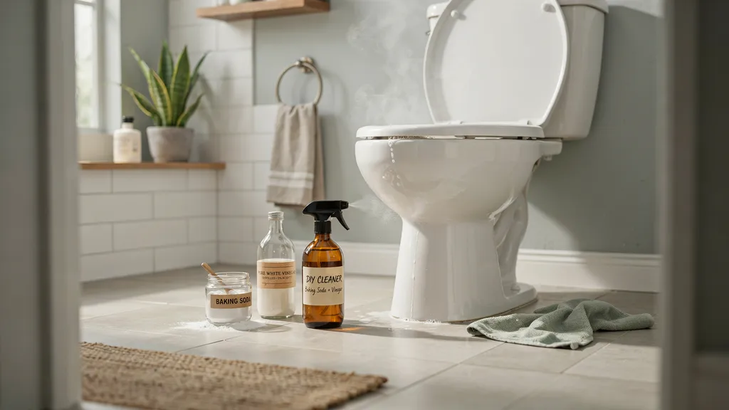 Baking soda and vinegar fizzing inside toilet bowl while scrubbing removes stains and odor.