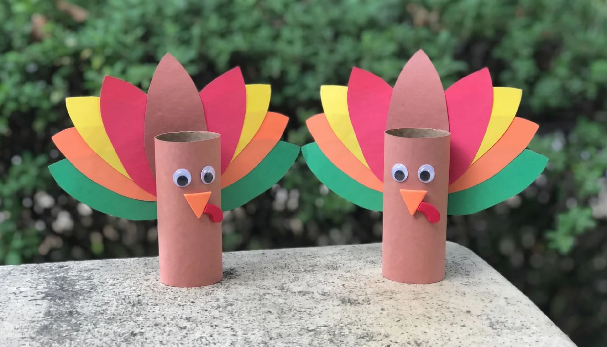 Two paper roll turkeys with colorful paper feathers, ideal for easy thanksgiving crafts.