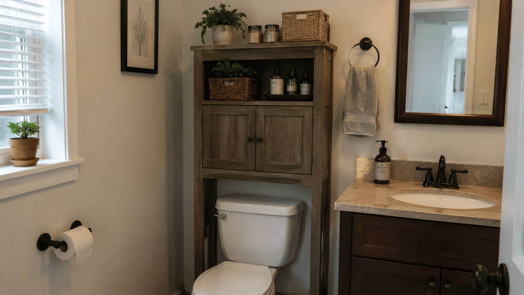 Toilet with shelf above holding toiletries.