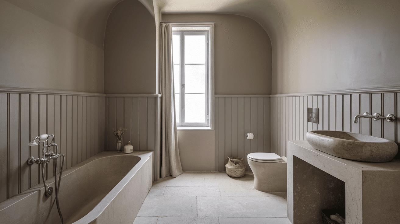 A neutral, earth-toned bathroom featuring vertical groove wainscoting, a stone vessel sink, and a built-in stone bathtub.