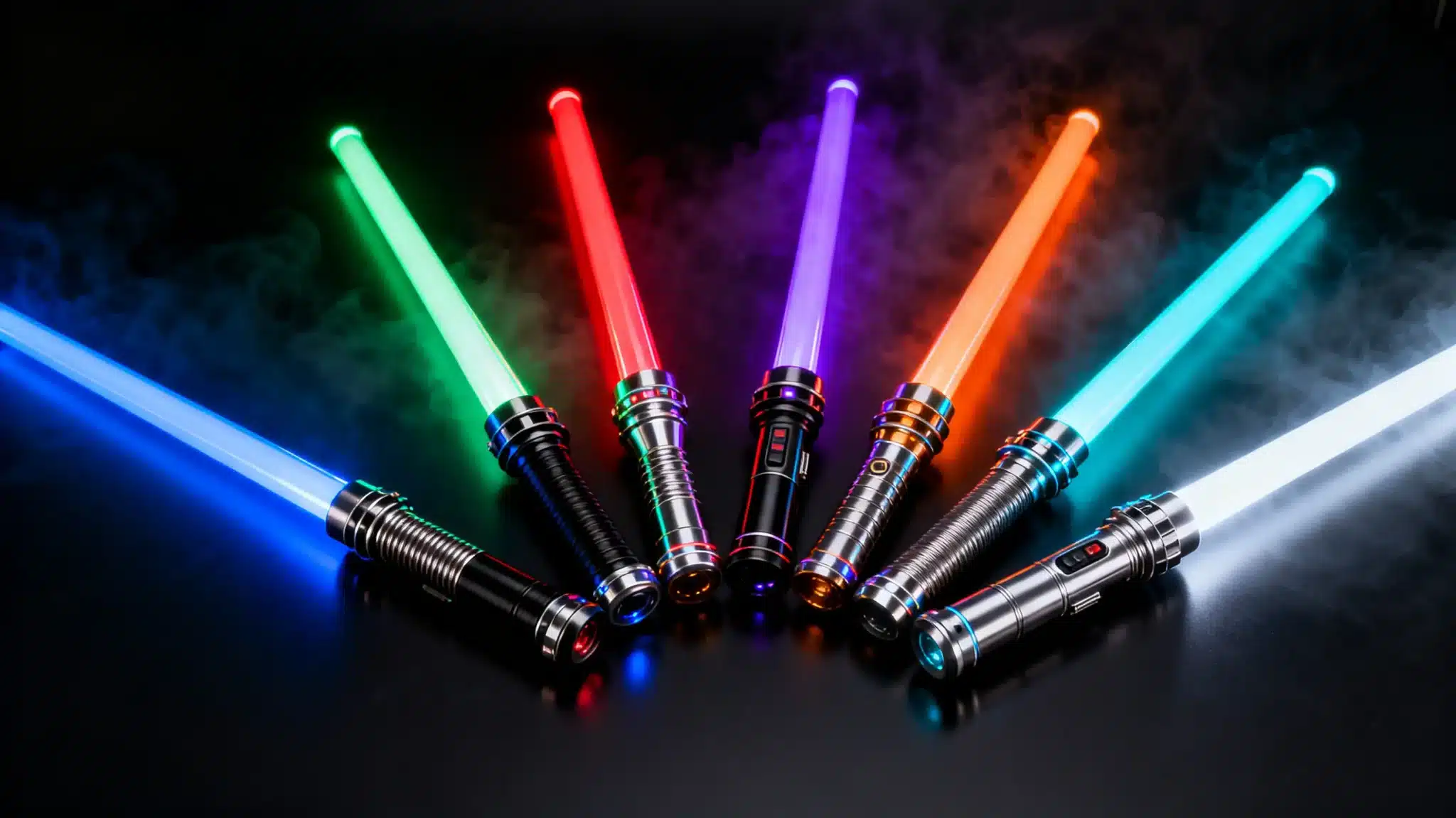 Seven colorful lightsabers with smoke effects displayed in a star pattern on black background