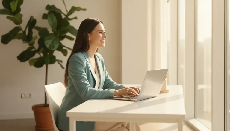 Woman in blue blazer working on laptop at bright office desk near large window