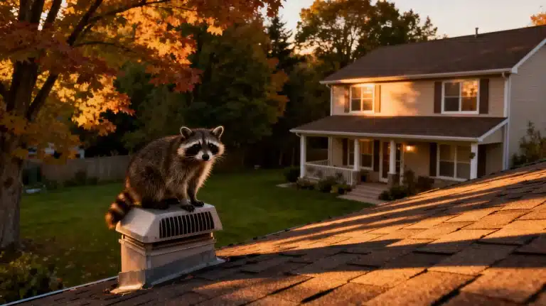 Raccoon sitting on roof vent of house at sunset with autumn trees in background