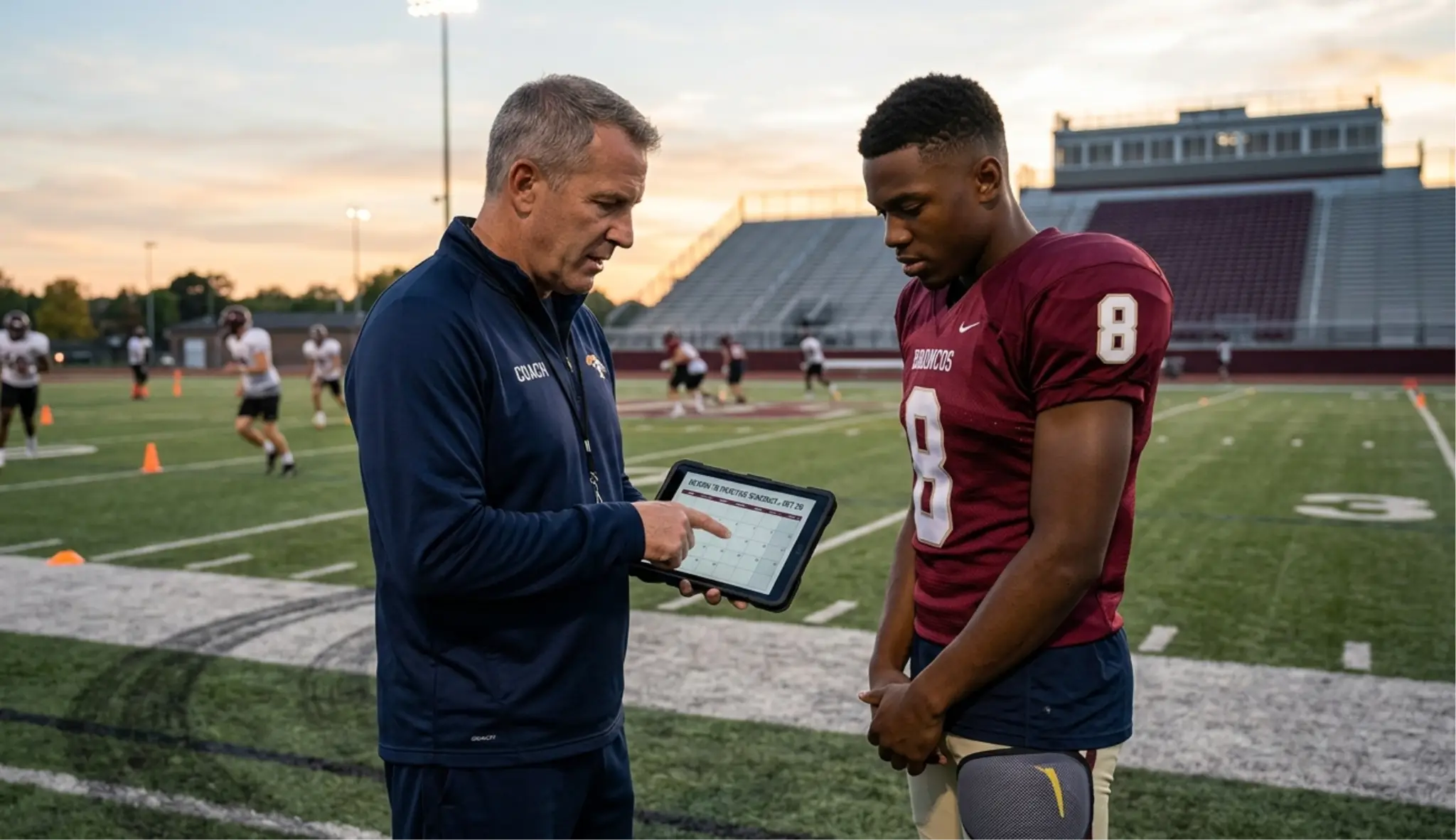 Coach discussing strategy with football player on field during practice at sunset