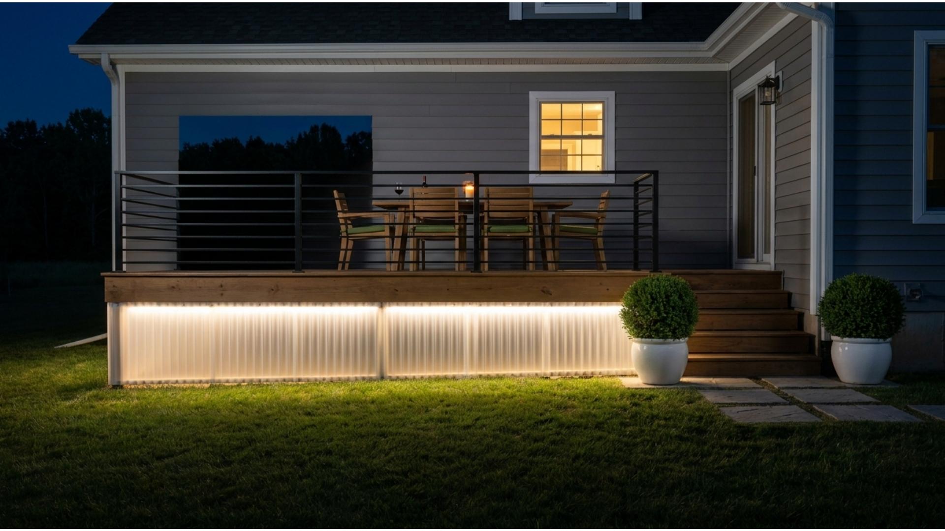 Elevated deck at night with glowing translucent polycarbonate skirting panels making the deck appear to float above the yard