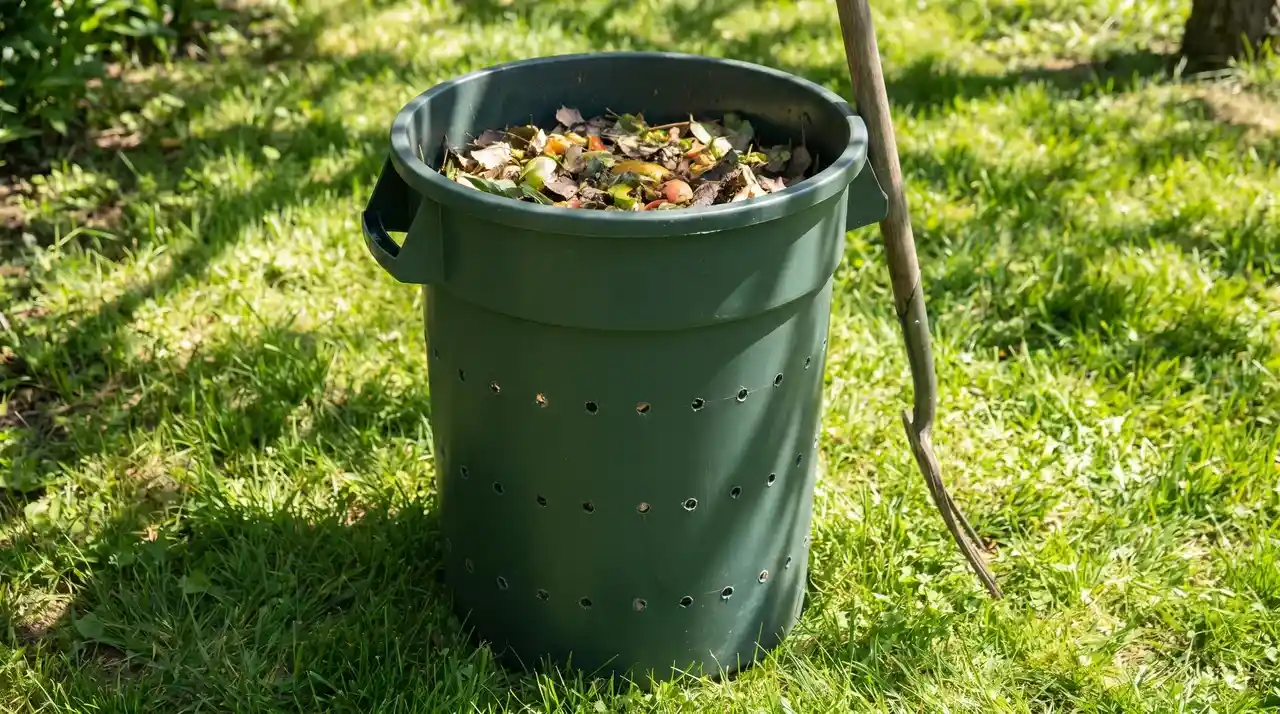 Dark green plastic trash can DIY compost bin with evenly drilled ventilation holes on the side sitting on grass.