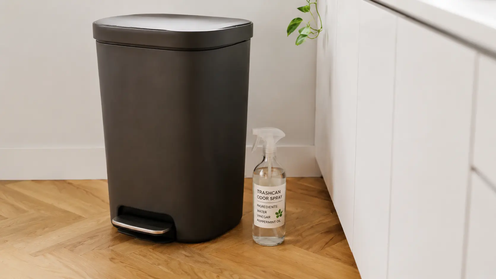Peppermint vinegar spray beside an empty trash used to eliminate odors.