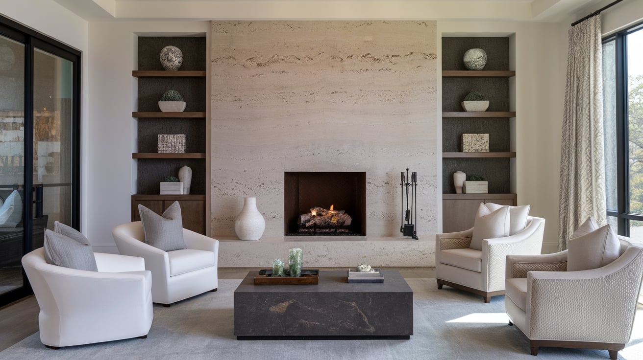 Luxury living room featuring a smooth travertine slab fireplace flanked by dark built-in shelves and white armchairs.