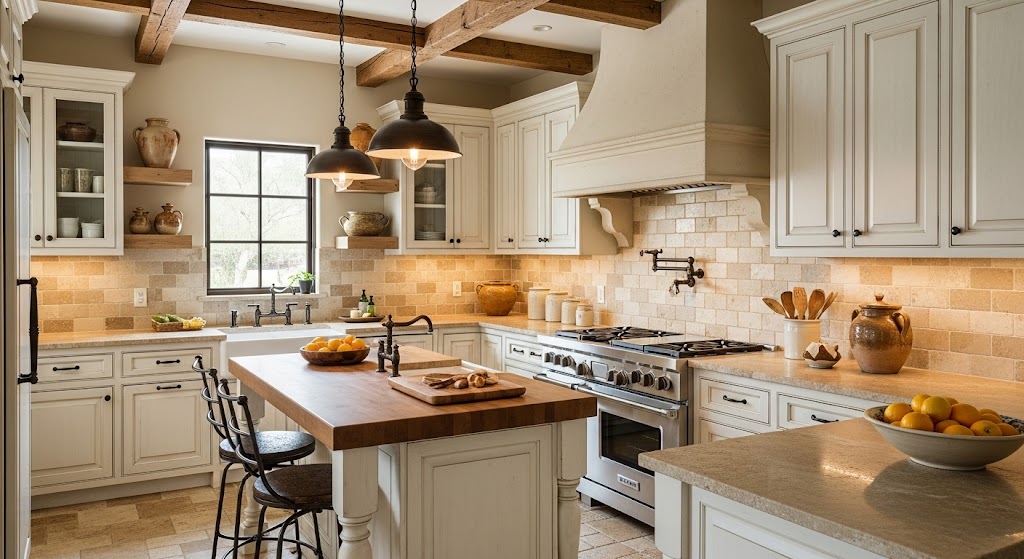 Warm beige tumbled travertine stone tiles arranged in a classic brick pattern for a Mediterranean-style backsplash.