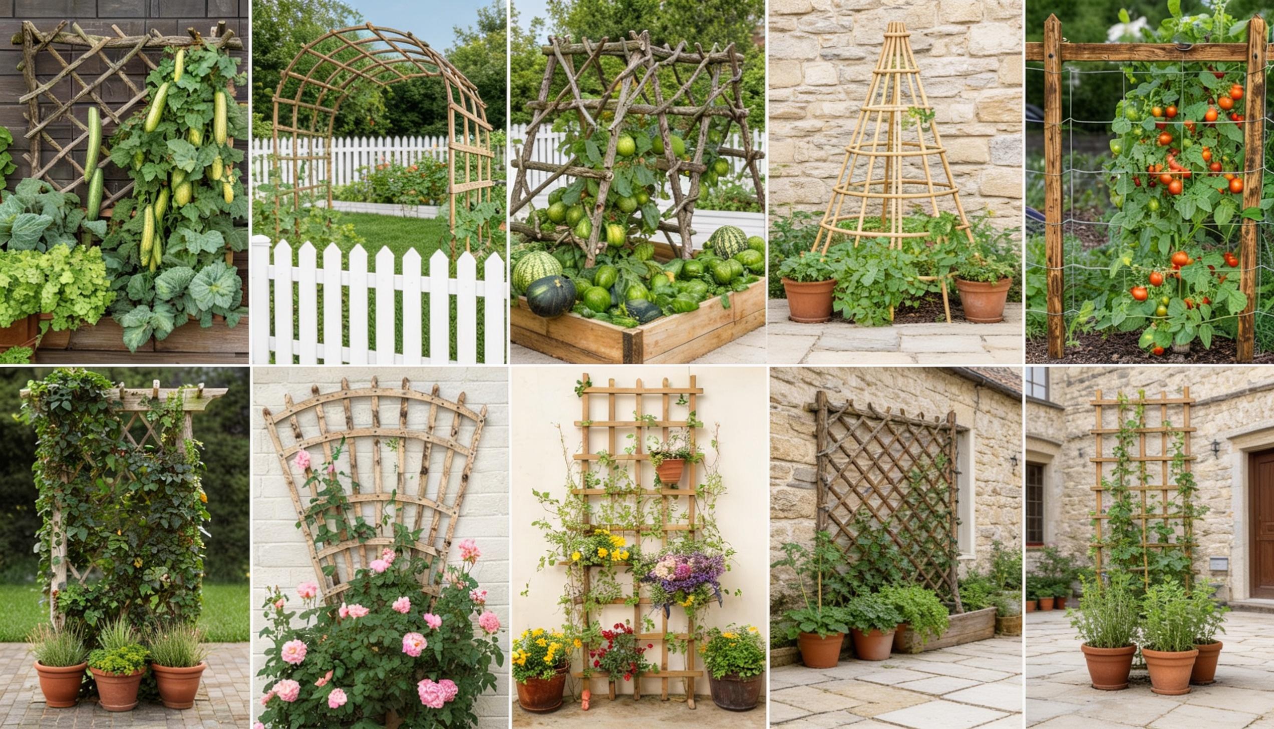 Collage of DIY garden trellis ideas including lattice panels, cattle panel arches, bamboo teepees, ladder trellises, and wood privacy screens in a backyard garden.