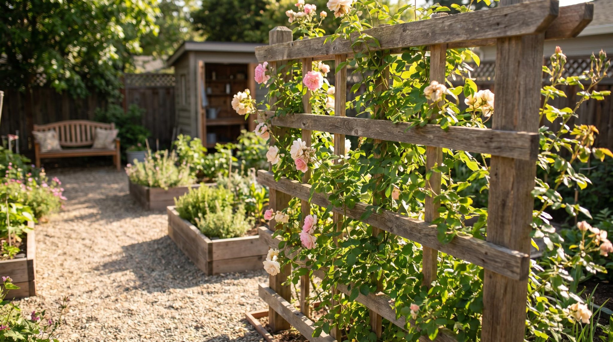 DIY wooden garden trellis with climbing roses and green vines in a rustic backyard garden setting with warm sunlight and natural cedar wood details.