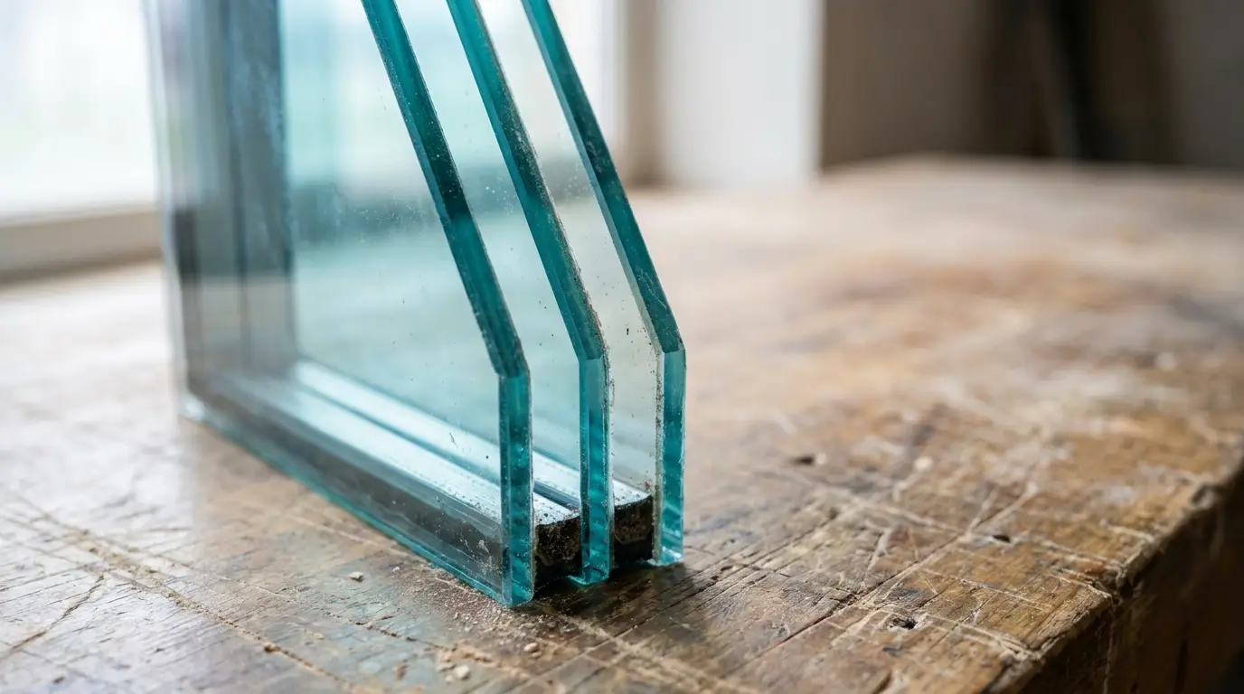 Three layers of glass leaning on rustic wooden table in natural light
