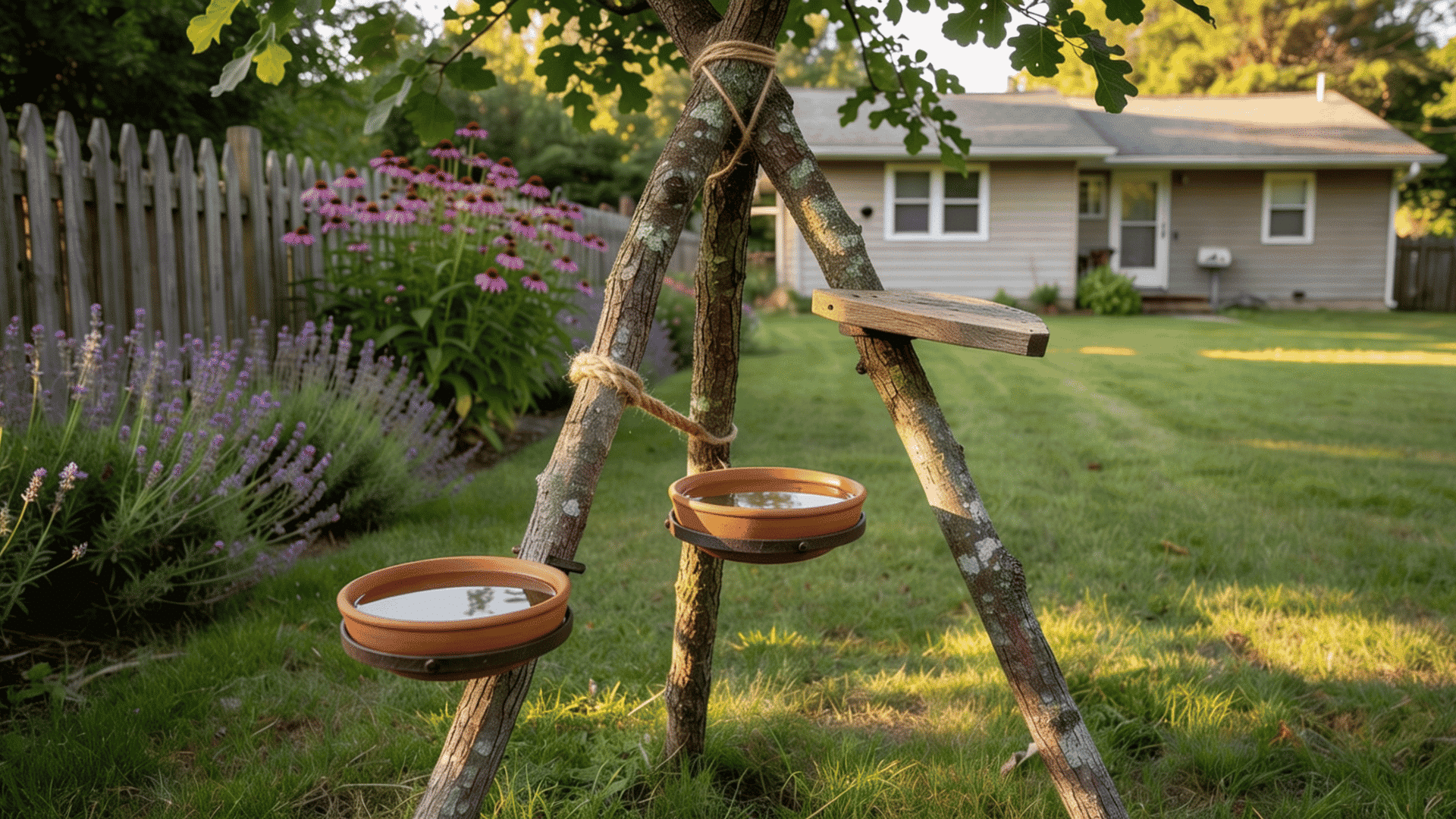 Tripod of branches holding multiple shallow bowls with water and rocks, outdoors for birds.