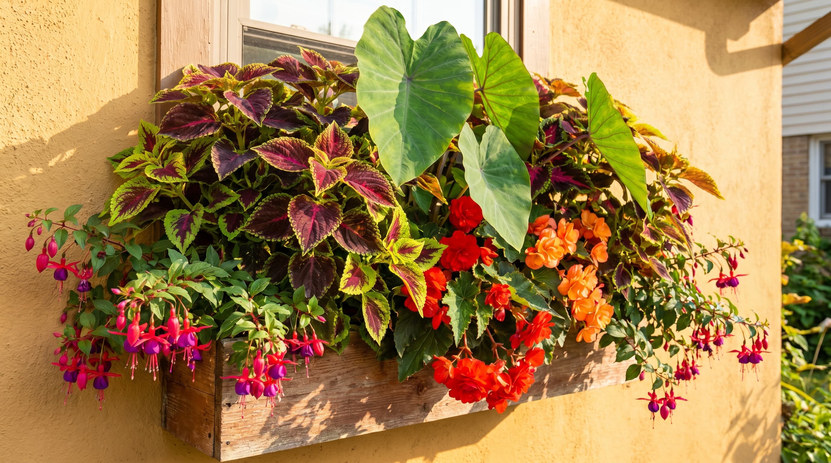 Vibrant tropical window box with large leaves, orange flowers, and colorful coleus plants.