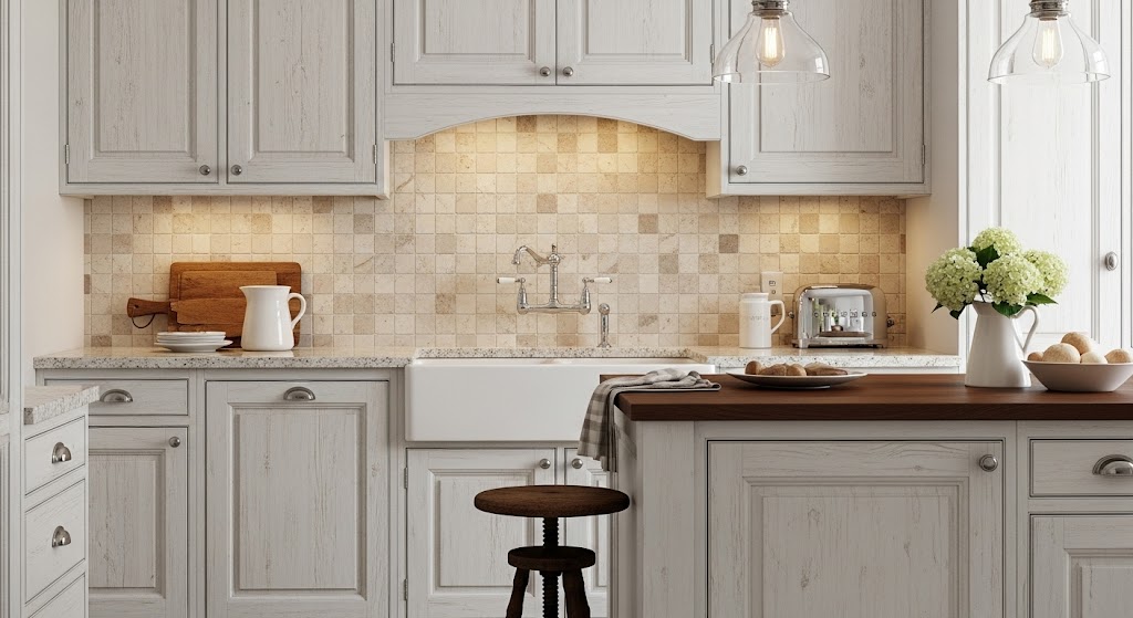 Classic small tumbled marble square tiles creating a timeless, textured stone backsplash.