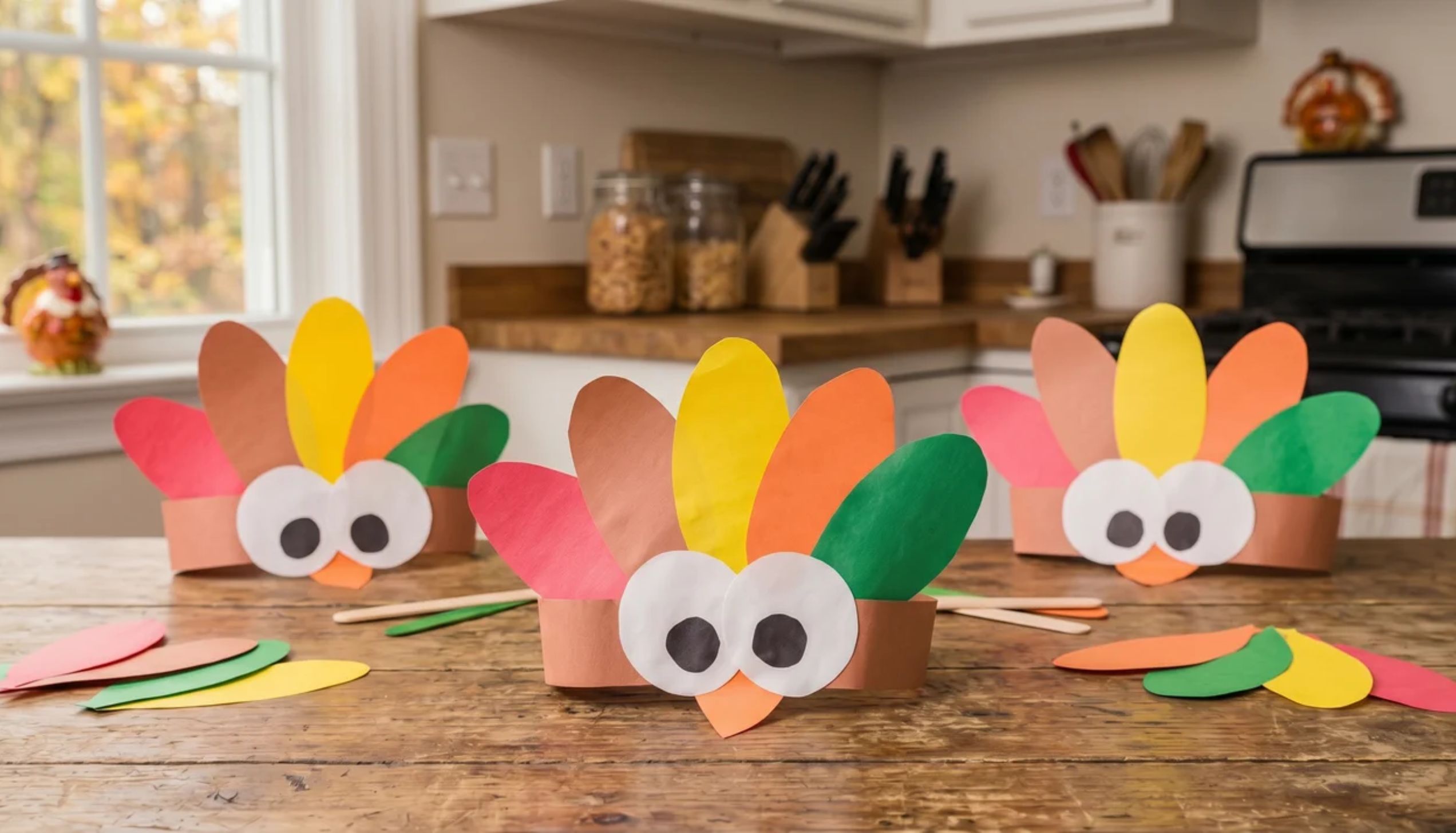 Three paper turkey headbands on a wooden table, great as easy thanksgiving crafts.