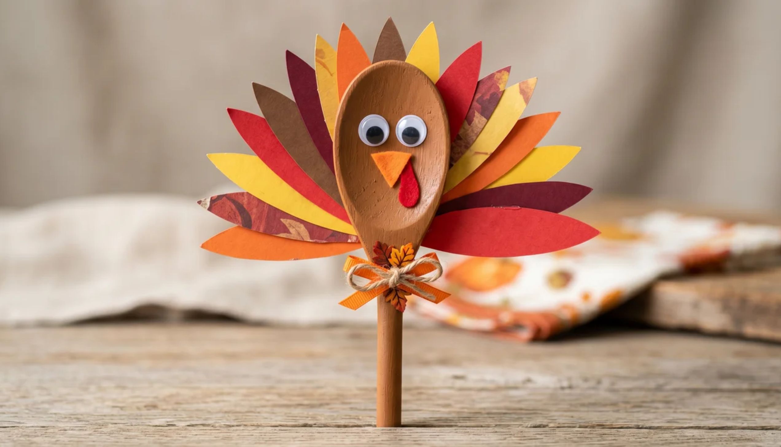 A wooden spoon turkey puppet with colorful paper feathers, representing easy thanksgiving crafts.