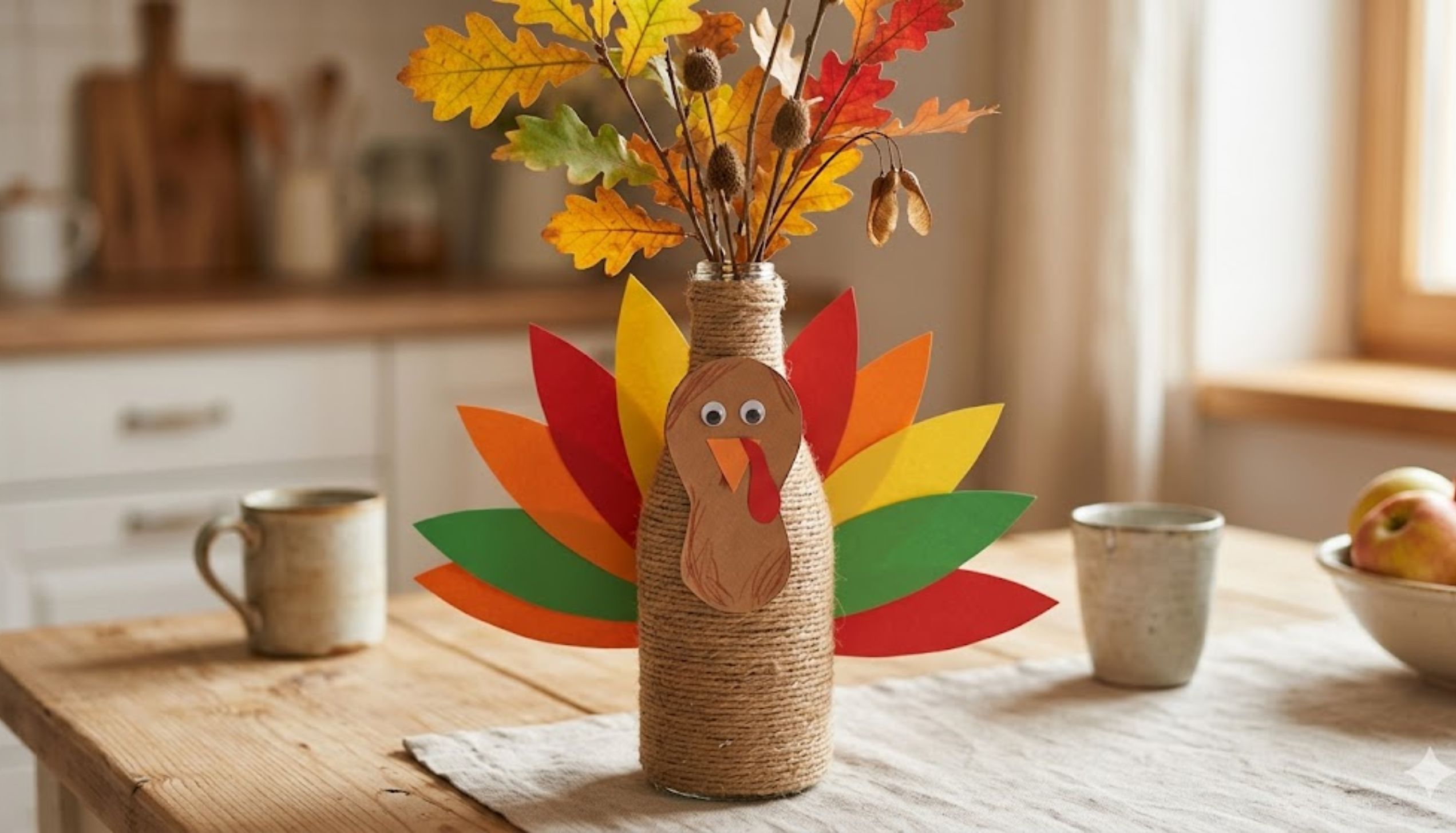 A twine-wrapped bottle turkey vase filled with autumn leaves. A great idea for easy thanksgiving crafts.