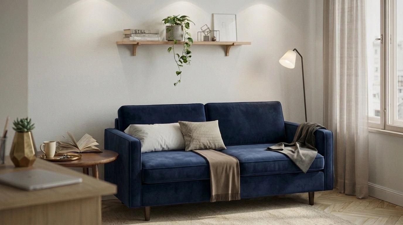 Tuxedo sofa with geometric design in modern minimalist living room with structured lighting.