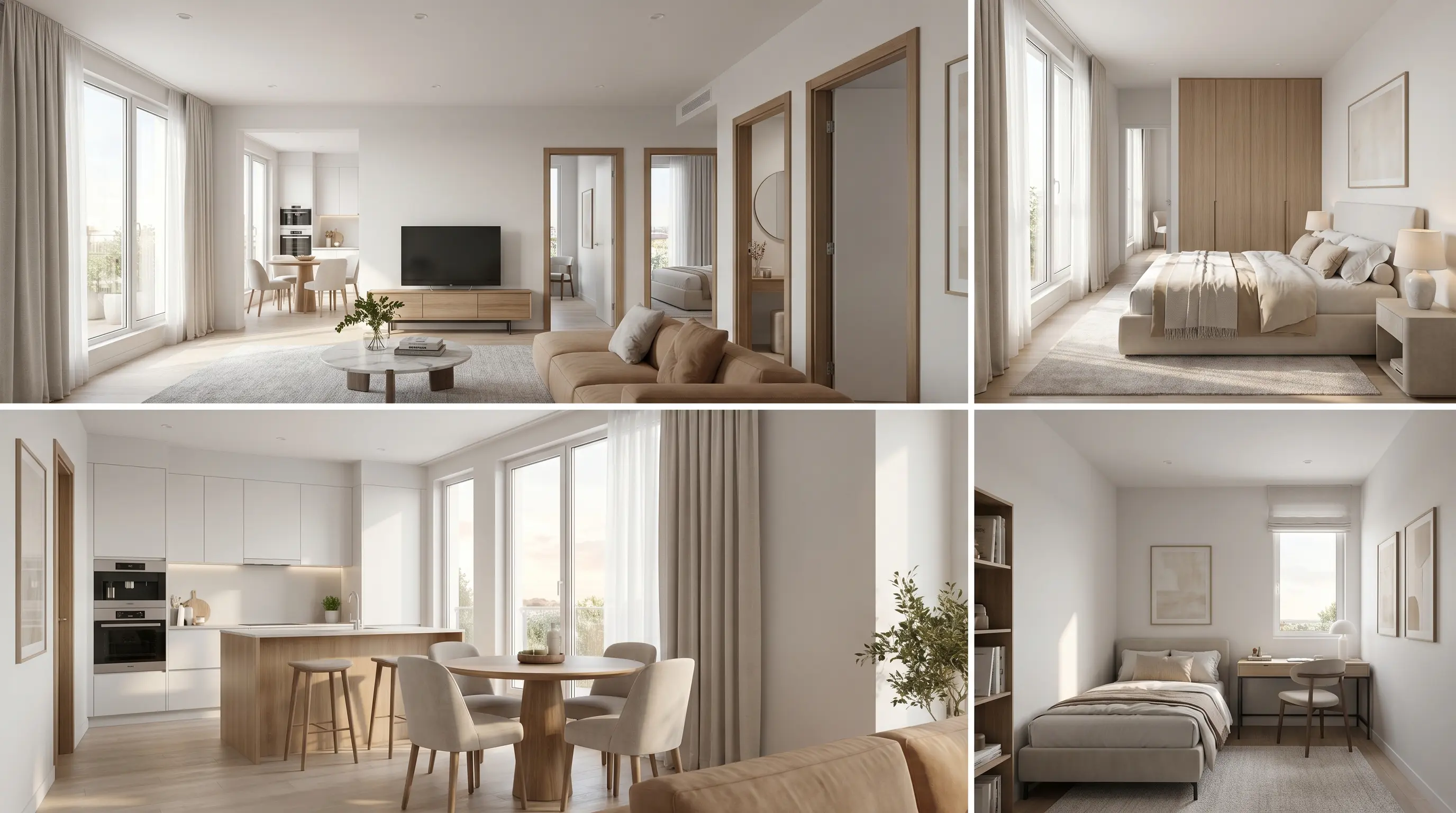 Contemporary two-bedroom apartment showing a shared living space with two private bedrooms, modern furnishings, and bright natural lighting.