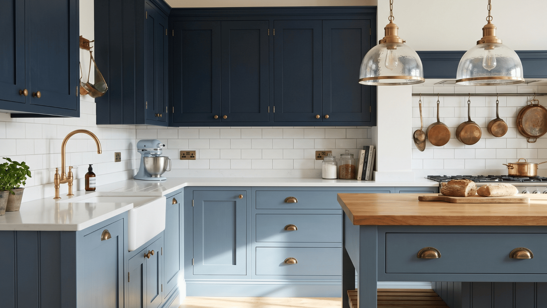 Two-tone blue kitchen cabinets with darker upper and lighter lower cabinets, a wooden island, brass hardware, and pendant lighting in a bright, modern kitchen