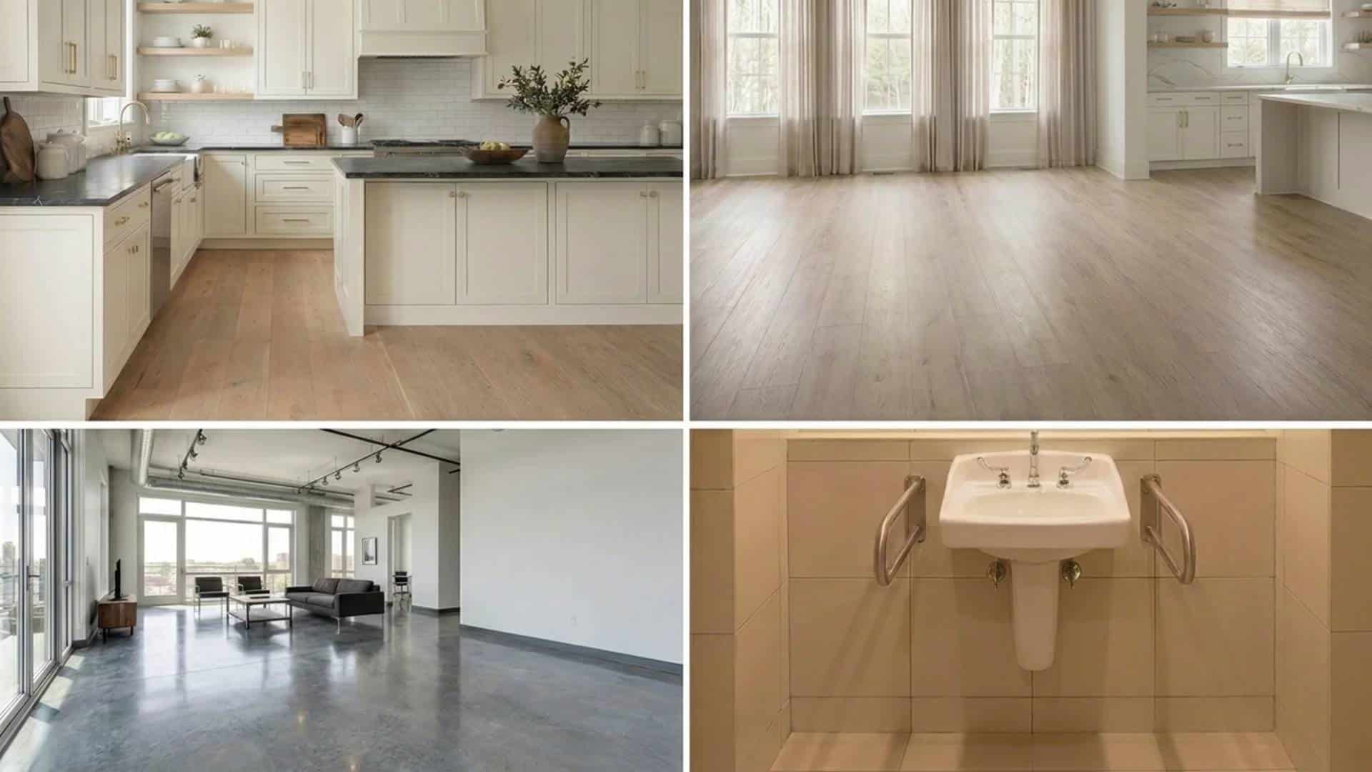 Collage showing different flooring types including hardwood, laminate, concrete, and tiled surfaces in modern interiors.