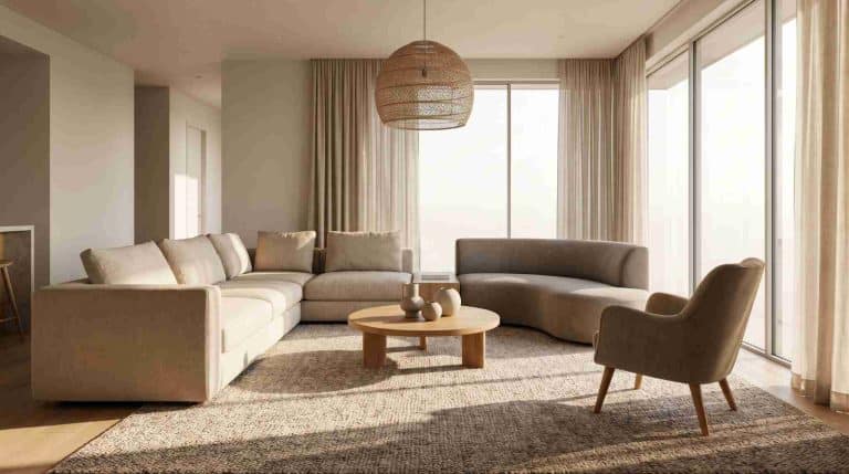 Modern open-plan living room showcasing multiple couch styles in a cohesive luxury interior.