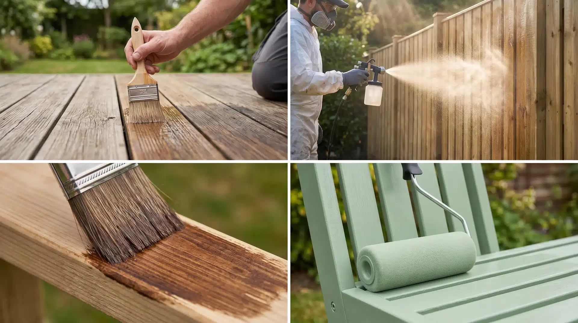 Grid showing four outdoor wood treatment methods: brushing a deck, spraying a fence, staining timber, and rolling paint.
