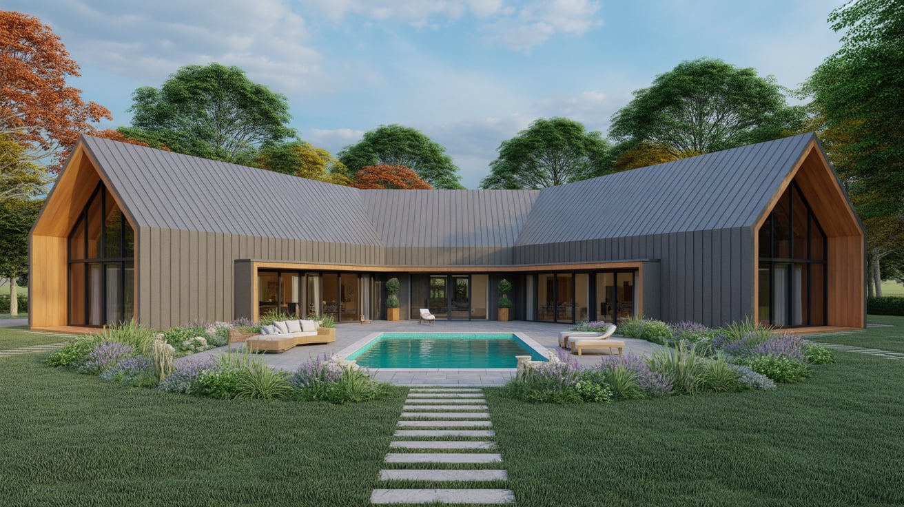 A modern U-shaped barndominium with dark gray siding, wood gables, and a courtyard swimming pool.