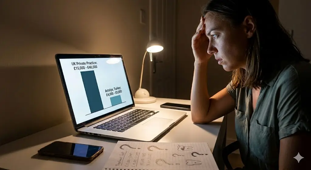 Woman looking stressed at laptop screen in dimly lit room with notes on desk