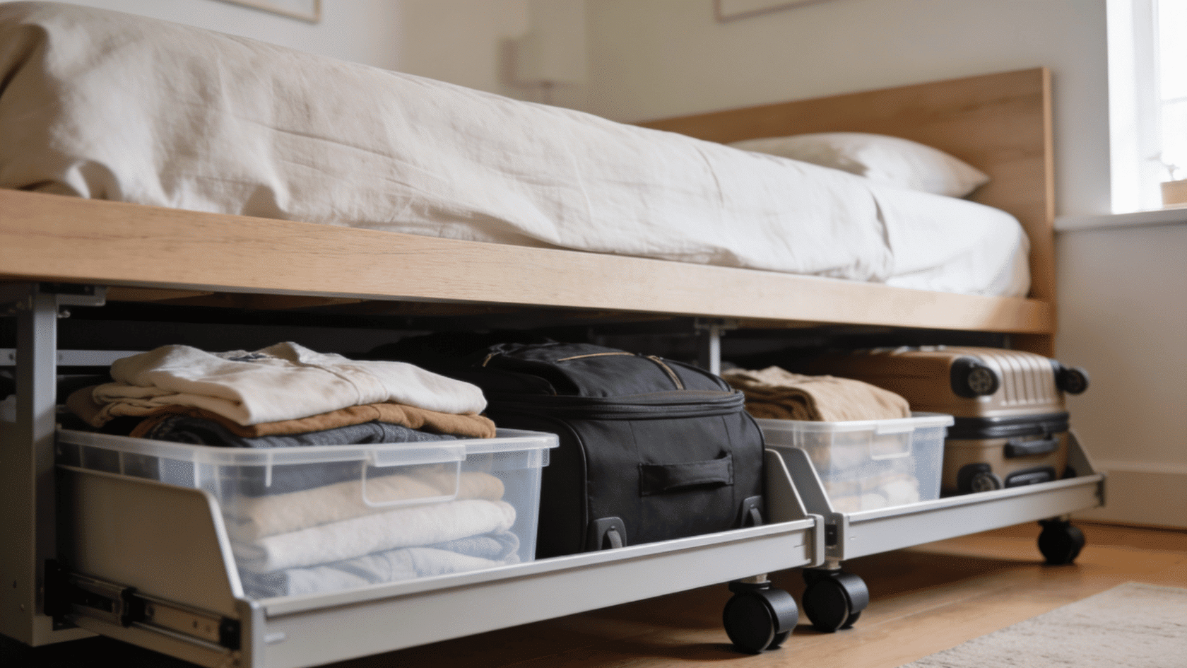 Under-bed storage bins holding clothes and bedding in a small bedroom.