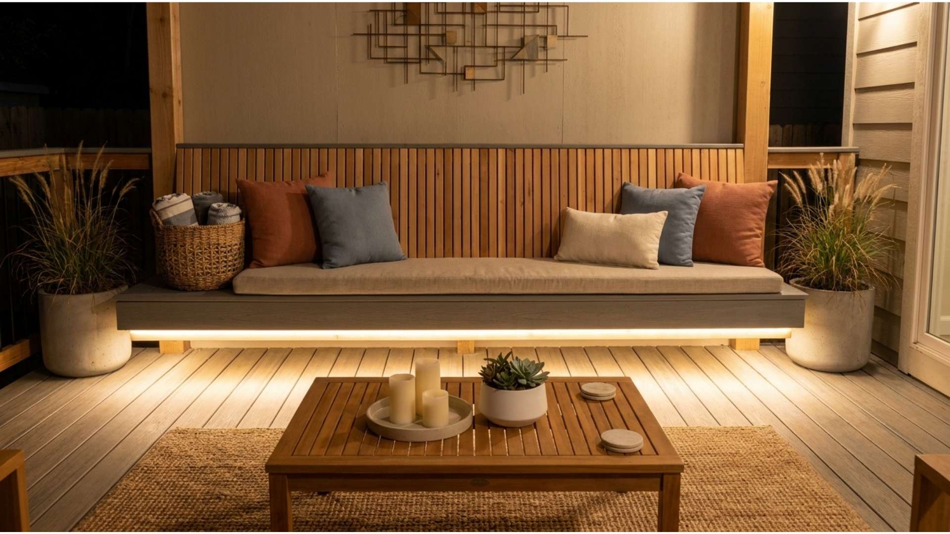 Built-in deck bench at night with a warm LED strip under the seat edge making the bench appear to float above the deck floor
