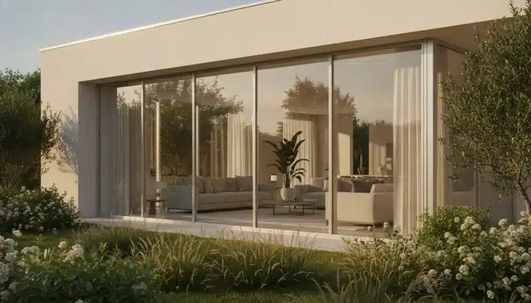 Modern house exterior with large glass doors opening to a garden, warm lighting inside living room