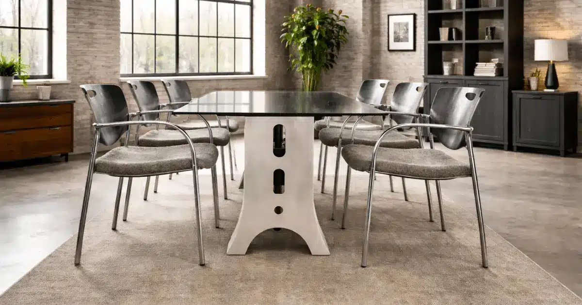 Modern conference room with glass-top table and gray chairs on beige carpet