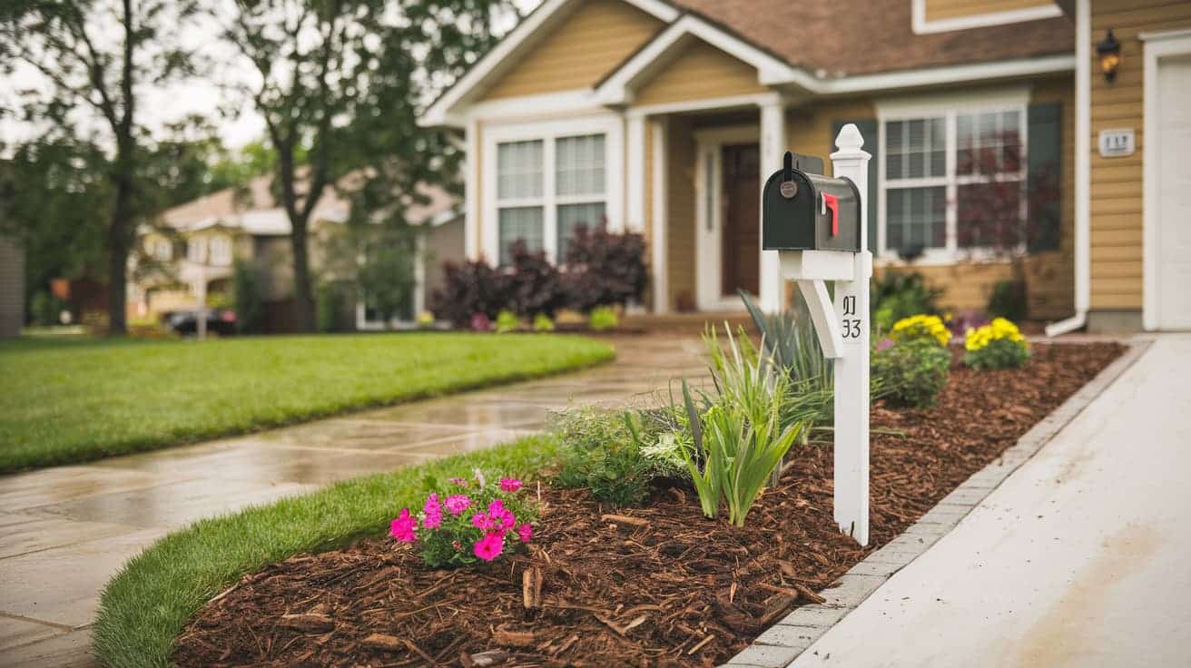 Front yard of a beige house under a clear sky, featuring a neat garden bed with fresh mulch, green bushes, and pink flowers.